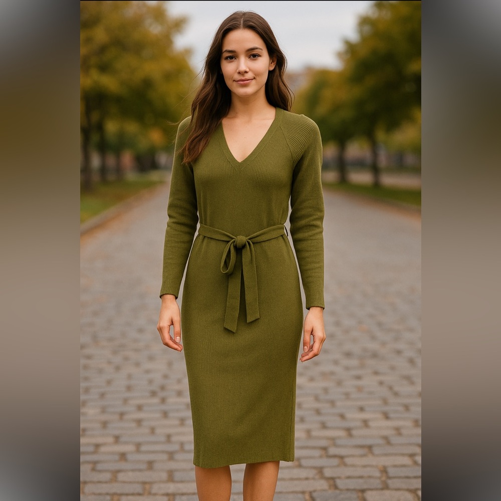 Vero Moda Olive Green Knit Midi Sweater Dress Belted Long Sleeve V-Neck M
